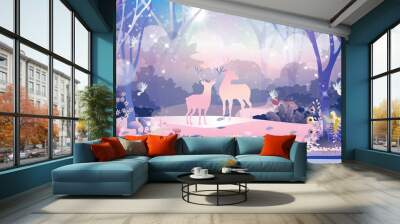 Fantasy cute little fairies flying and playing with reindeers family in magic forest at Christmas night,Vector illustration landscape of Winter wonderland.Fairytale background for bed time story cover Wall mural