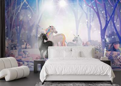 Fantasy cute little fairies flying and playing with Unicorn family in magic forest at Christmas night, Vector illustration landscape of Winter wonderland.Fairytale background for bed time story cover Wall mural