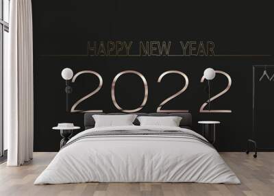 HAPPY NEW YEAR 2022 glittering numbers logo on black background. One line lettering minimalist style in Yellow and Pink gold colour.Vector illustration elegant design for holiday banner Wall mural