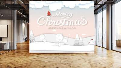 Merry Christmas and happy New Year 2023 background.Greeting card paper cut with pink sky and cloud,Vector paper art or digital craft style banner Cute Winter urban countryside landscape in village Wall mural