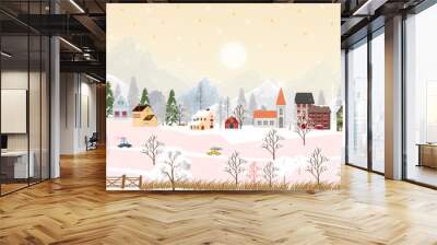 Merry Christmas or Happy New year 2022 greeting card with Winter night wonderland landscape background,Vector horizontal banner winter countryside with snow falling, mountain, forest pine tree Wall mural