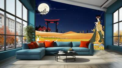 Mid Autumn Festival banner with beautiful Chang e holding jade rabbits with full moon at night, Vector illustration cartoon mid autumn festival with Chinese Goddess of Moon and white rabbits Wall mural