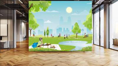 Morning city park with family having fun in the park,boys walking the dog,man talking on phone, kid playing, two guys reading a book under tree,City lifestyle of people in Summer time Wall mural