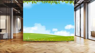 Nature Spring Countryside Landscape,Green Field,Cloud,Summer Sky,Natural Horizon rural scene with green meadow and flower on hills in Sunny day,Banner for Eater, Environment day background Wall mural