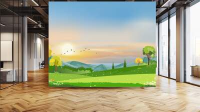 Panorama landscape of spring village with green meadow on hills with blue and orange sky, Vector Summer or Spring landscape, Panoramic countryside by the lake with sunset in evening. Wall mural