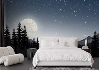 Panorama landscape of starry night with full behind mountain and pine tree, Panoramic the full moon rising with stars in Winter night forest, Background for Merry Christmas and Happy New Year Wall mural