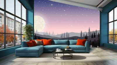 Panorama landscape of starry night with full behind mountain and pine tree, Panoramic the full moon rising with stars in Winter night forest, Background for Merry Christmas and Happy New Year Wall mural