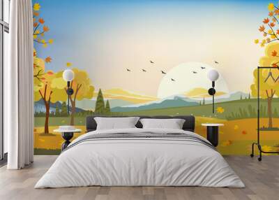 Panorama landscapes of Autumn farm field with maple leaves falling from trees, Fall season in evening. Wall mural