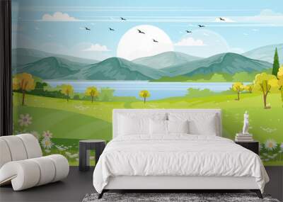 Panorama view of spring village with green meadow on hills with blue sky, Vector cartoon Spring or Summer landscape of countryside with mountains with wild flowers fields Wall mural