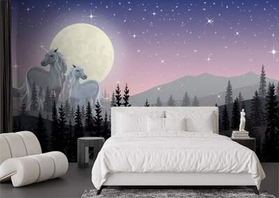 Panorama Wonderland landscape of couple unicorn standing in pine forest with starry night and full moon behind, Panoramic the two horses lover with full moon rising with stars in Winter night forest Wall mural