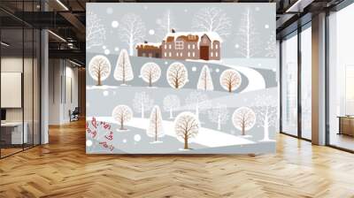 Panoramic of winter landscape,Vector illustration of horizontal banner of winter landscape countryside with snow covering,Farmhouse,moutain and trees with snowing,Merry Christmas landscape background Wall mural