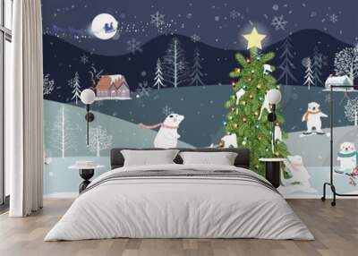 Panoramic of winter landscape,Vector of horizontal banner of winter wonderland at countryside with polar bear having fun in the park, Happy new year and Merry Christmas background Wall mural