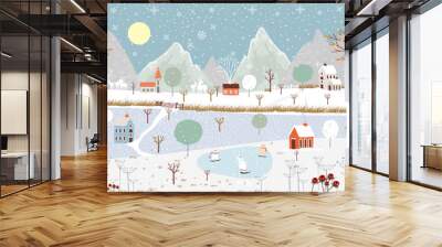 Panoramic of winter landscape,Vector of horizontal banner of winter wonderland at countryside with snow covering,house,moutain,tree and polar bear playing ice skates,Merry Christmas background Wall mural