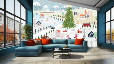 Panoramic of winter landscape,Vector of horizontal banner of winter wonderland in village with snow covering,house,moutain,tree and polar bear and kids playing ice skates,Merry Christmas background Wall mural