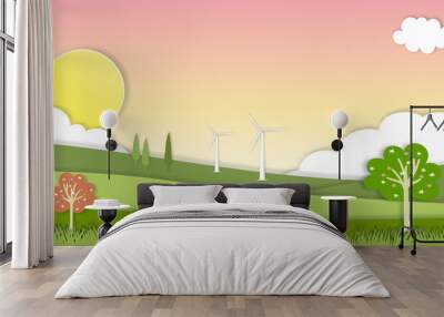 Paper art Spring landscape with mountain, sky and clouds,Panorama Green fields, fresh rural nature in springtime with green grass land. Cartoon vector illustration for spring and summer banner Wall mural