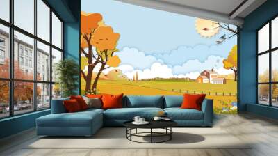 Paper cut Autumn landscape of farm field with cloud, blue sky background,Paper art Mid Autumn in countryside in village with grass land in orange foliage,Vector banner for fall or Autumnal background Wall mural