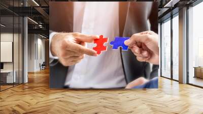 Partnership and teamwork in business strategy concept; Hand of two businessman are holding jigsaw puzzle connecting together. Wall mural