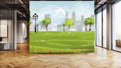 Public park nature landscape with sky blue and clouds over city background.Vector illustration Nature scene with bench under big trees in Summer park.Banner Urban with spring meadow and orange flower Wall mural