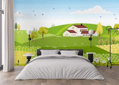 Rural farm landscape with green fields, farm house, barn, animals cow, blue sky and clouds,  Vector cartoon Spring or Summer landscape, Panoramic countryside landscape Wall mural