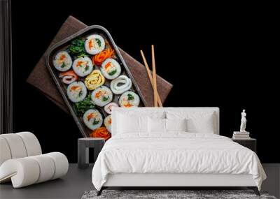 Set of kimbub or sushi roll in steel plate ready to serve in korean style menu with chopstick. Wall mural