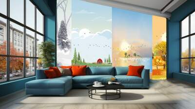 Set Vertical banner landscape natural backgrounds of four seasons. Winter wonderland, Rainy on Spring,Hot sunny day on summer, Autumn with leaves falling.Set cartoon flat design 4 seasons Wall mural