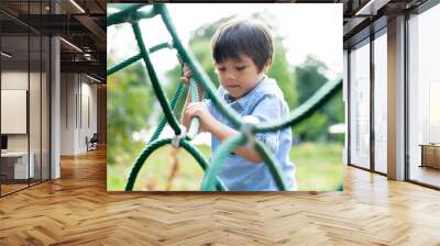 Soft focus of active kid climbing rope in the playground, High key light portrait Child enjoying activity in a climbing adventure park on summer sunny day, Cute little boy having fun on a playground. Wall mural