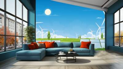 Solar panels wind turbines installed as renewable station an energy sources for electricity and power supply.Innovation,Technology, Environmental friendly energy.Solar farm in sunny day on green field Wall mural