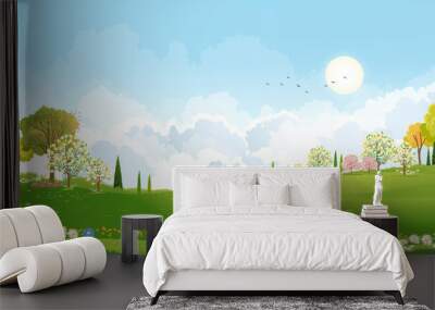 Spring green fields landscape orang, blue sky and clouds background,Panorama peaceful rural nature in springtime with green grass land in morning. Cartoon vector for spring and summer banner Wall mural