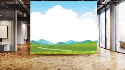 Spring green fields landscape with mountain, blue sky and clouds background,Panorama peaceful rural nature in springtime with green grass land. Cartoon vector illustration for spring and summer banner Wall mural