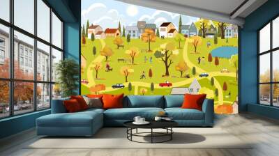 Spring landscape in city with happy people walking at the park,Vector illustration cartoon Summer season in the town with green foliage,Peaceful panorama natural in the town Wall mural