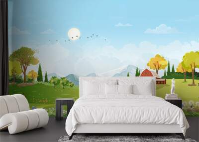 Spring landscape in village with green field, flower and butterfly meadow on hills with blue sky, Vector cartoon sunny day Summer time in countryside,grass field, wood barn and wild flowers Wall mural