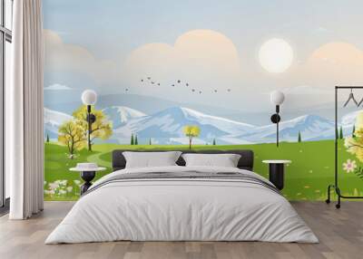 Spring landscape in village with green field and sunset,Vector cartoon Summer rural farmland with mountain,forest tree pink and blue sky in morning,Nature scene in countryside view on sunny day Summer Wall mural