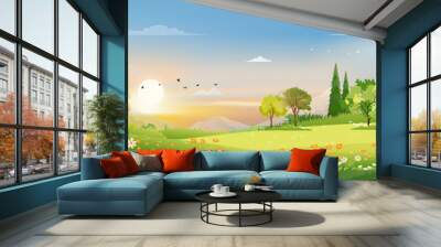 Spring landscape in village with green field and sunset,Vector flat cartoon rural farmland with mountain and forest, pink and blue sky, Natural scene in countryside,Panorama view on sunny day Summer Wall mural