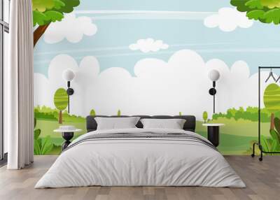 Spring landscape with blue sky and clouds,Panorama Green fields with copy space, fresh and peaceful rural nature in springtime with green grass land. Cartoon vector illustration Summer banner for kids Wall mural