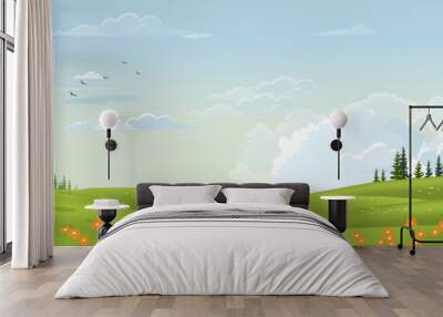 Spring landscape with mountain, blue sky and clouds,Panorama Green fields, fresh and peaceful rural nature in springtime with green grass land. Cartoon vector illustration for spring and summer banner Wall mural