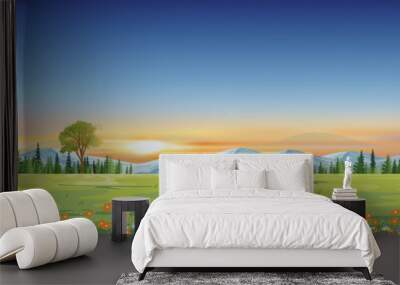 Spring landscape with sunset sky with mountain and pine trees in evening,Panorama Green field of grass land with wild flower blooming in Summer,Cartoon vector horizon banner for World environment day Wall mural