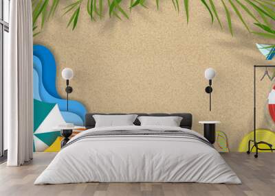 Summer background with beach vacation holiday theme with copy space on sand beach, Vector horizon banner flat lay paper cut tropical Summer design with coconut palm leaves border on the beach Wall mural