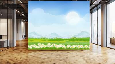 Summer mountain landscape with blue sky and clouds, Panorama Green fields, fresh and peaceful rural nature in springtime with green grass land. Cartoon vector illustration for spring and summer banner Wall mural