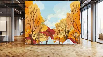 Vector Autumn background with copy space for text,Autumn landscape forest park with farm house, maples leaves falling from tree, Background for banner, posters, design templates for fall season. Wall mural