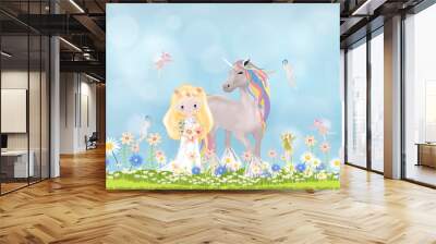 Vector cute princess and unicorn walking in summer field with little fairies flying against blurry blue sky background, Cartoon Spring scene with happy girl and horse walking in daisy flowers field Wall mural