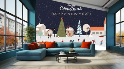 Winter scene at night with snowing and people celebrating orhaving fun in the city park at night with dark blue sky background,Vector backdrop for Christmas and Happy New Year 2023 banner Wall mural