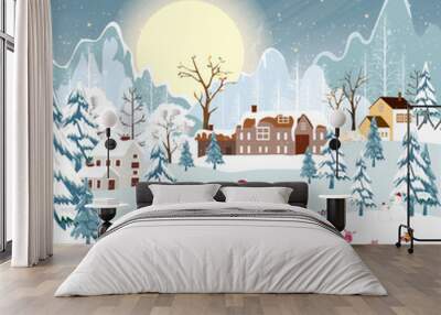 Winter scene landscape on Christmas night,Vector banner cute winter wonderland in the town with happy kids sledding and playing ice skates in the park,Merry Christmas ,New year 2023 background Wall mural