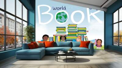 World book day with Stack of colorful book with kids sitting reading book, having picnic and playing in grass fields,Vector cute cartoon Schoolchildren relaxing outdoors on Book week,Education concept Wall mural