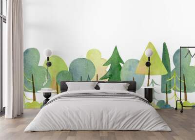 Green trees, hand-painted in watercolor on a white background.Seamless pattern of flat trees.  Summer background of cute trees. Wall mural