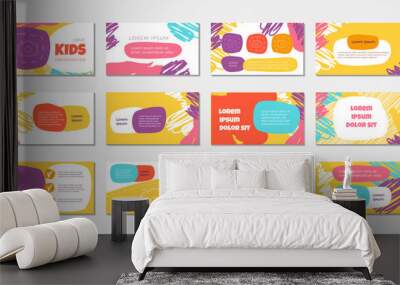 Cute creative kids multi colored theme design template for presentation slides with children playful pattern and abstract shapes. Corporate business layout for school, childrengarten. Vector design Wall mural