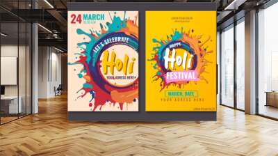 happy holi the festival of colours with color splash vector flyer stories post card template design Happy festive background. Set of vector illustrations. Festive banner. Typography design on the back Wall mural