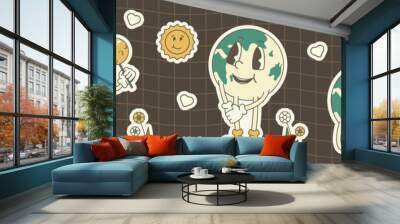 Retro earth cartoon character. Earth Day. Save planet conception. World Environment Day. Trendy groovy 70s style illustration. Wall mural