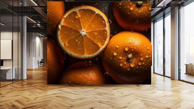 Fresh oranges and section with water droplets adorned on the surface. Created with Generative AI Technology.  Wall mural