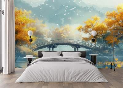 Watercolor style autumn natural outdoor scenery Wall mural