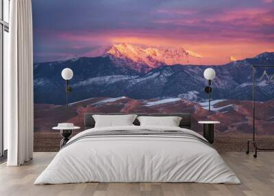 Winter Landscape Fine Photography Beautiful Great Sand Dunes Colorado National Park USA Sunset. Snow Capped Mountains Pink and Orange Sky. Wall mural